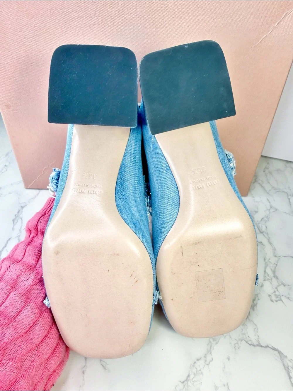 Miu Miu Decollette Denim Mary Jane Block Heels with Pearl Chain